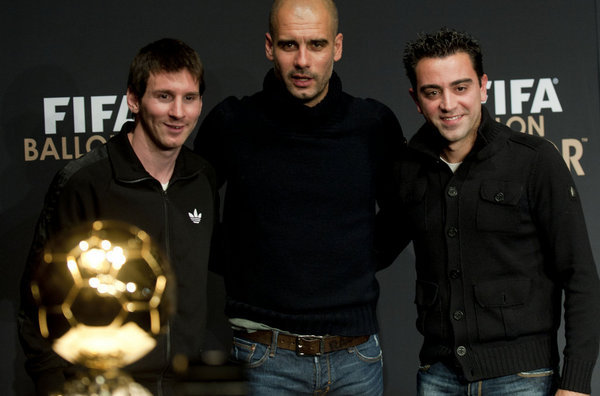 Messi, Pep Guardiola y Xavi en la Rueda de prensa previa de la Gala del Balón de Oro 2011