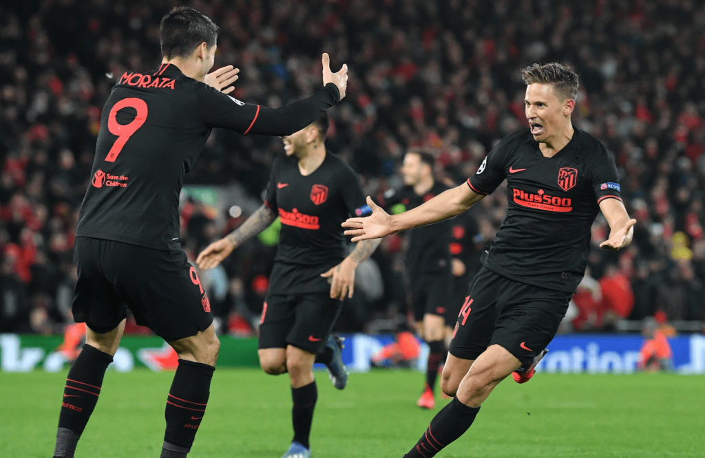 Marcos Llorente celebra gol al Liverpool