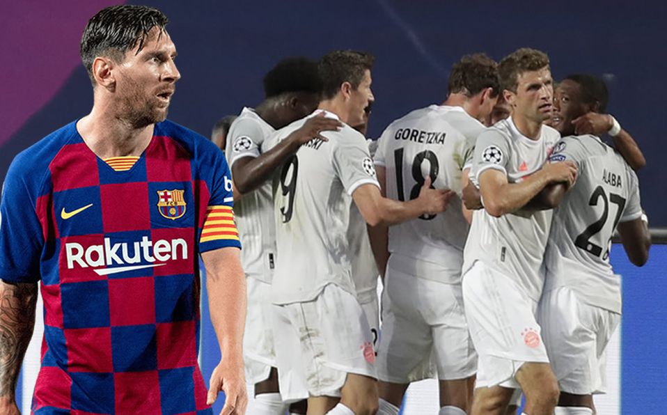 Messi mira a la celebración de un gol del Bayern